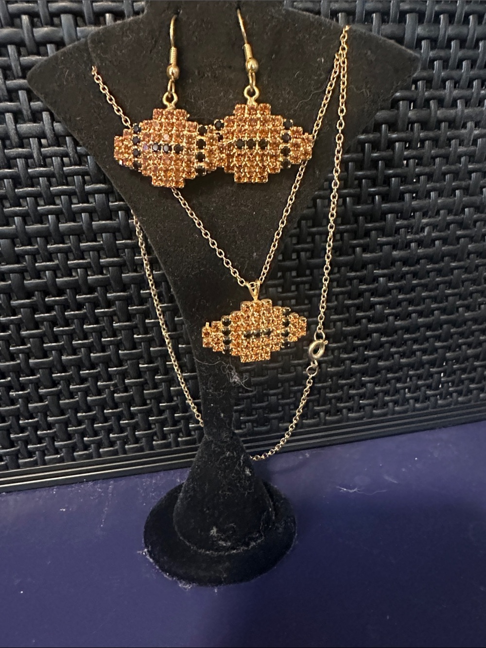 Gold Crystal Football Pendant Necklace and Earrings Set